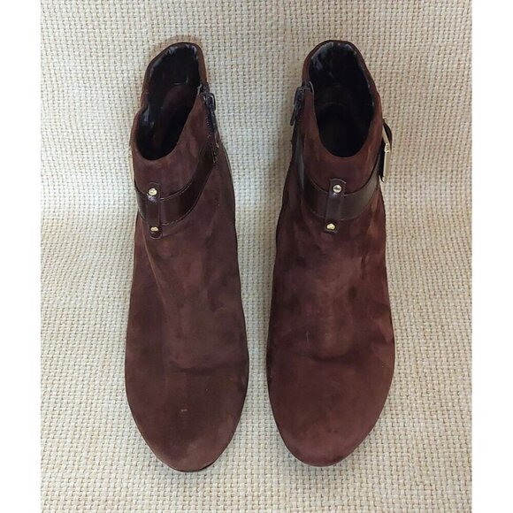 Trendy Brown Suede Leather Antonio Milano Wedge Boots Booties Zip Buckle Size 8 - Picture 2 of 13